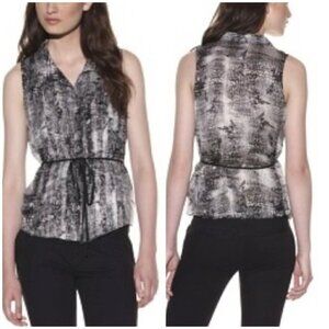 Edun Sz S 100% Silk Belted Monochrome Abstract Reptile Print Sleeveless Blouse